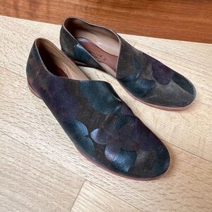 Brown Suede Wrap Loafers with Multi-Tone Burnished Floral Finish